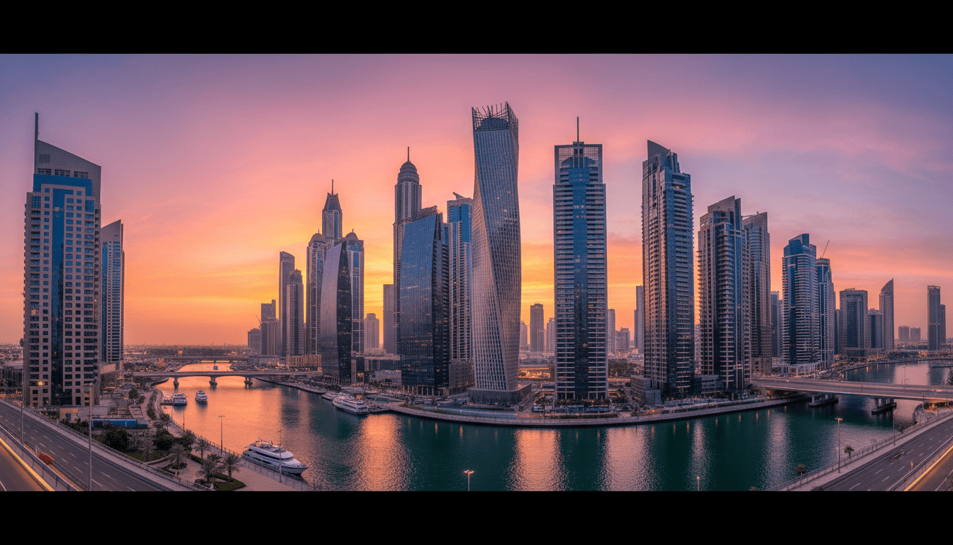 Vue panoramique de Dubai Business Bay avec gratte-ciel futuristes et architecture moderne