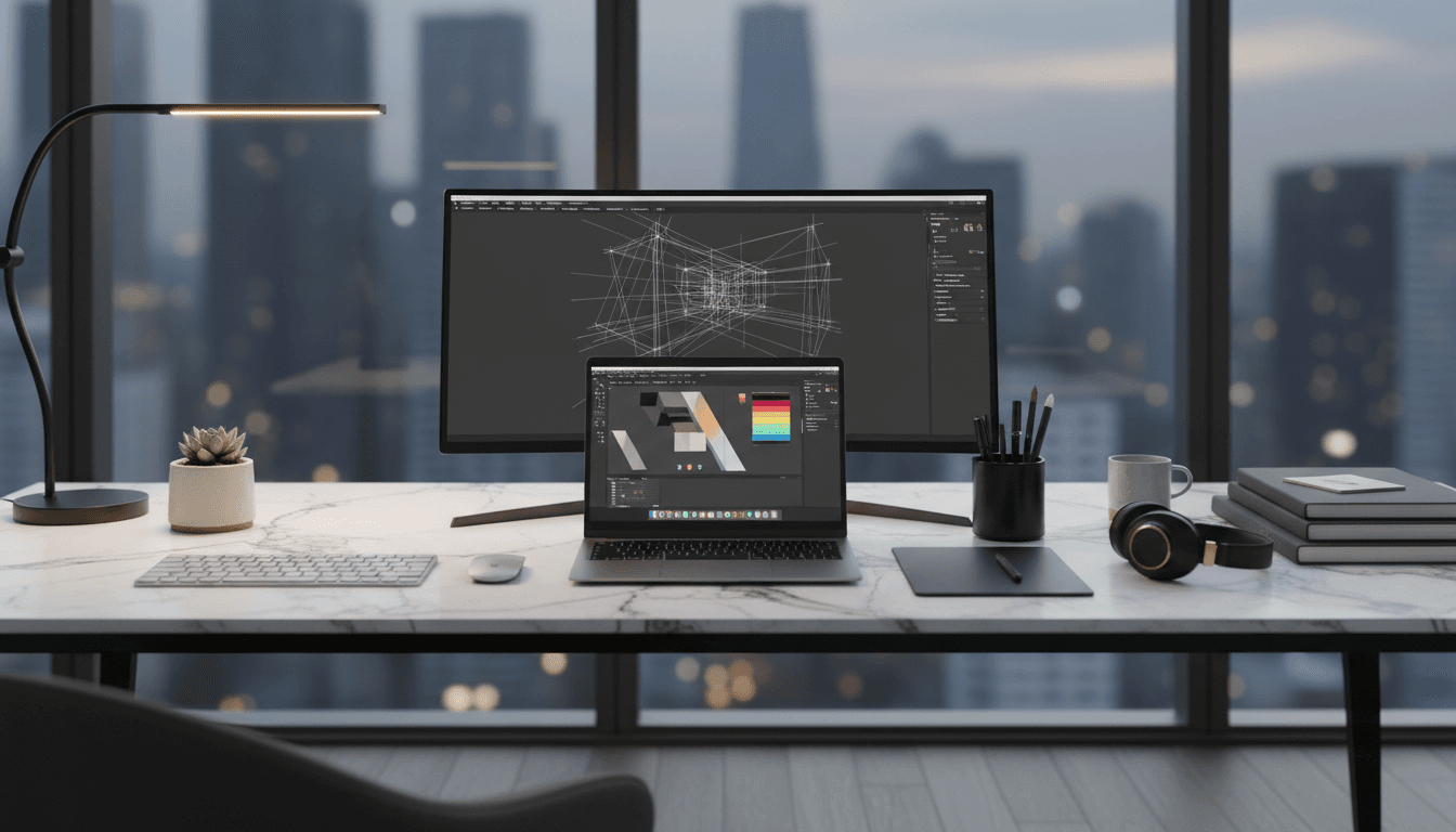 Espace de travail minimaliste haut de gamme avec équipement technologique premium