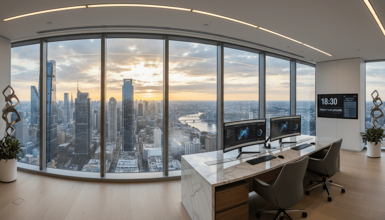 Bureau de luxe moderne avec vue sur l'horizon urbain, espace de travail professionnel minimaliste avec technologie élégante