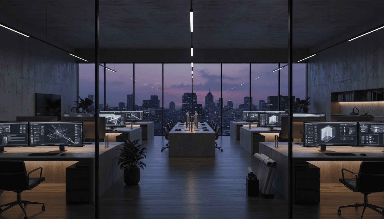 Bureau moderne et minimaliste avec écrans technologiques dans un style luxe futuriste