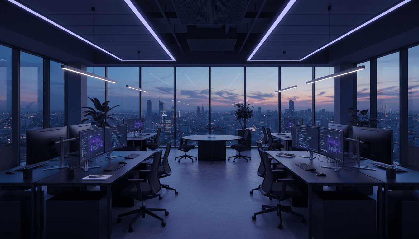 Espace de travail moderne et minimaliste avec vue sur les gratte-ciel de Dubaï